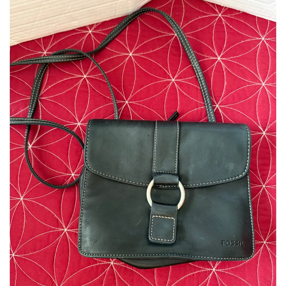 Fossil Black Leather Crossbody Bag Contrast Stitch Organizer Purse
